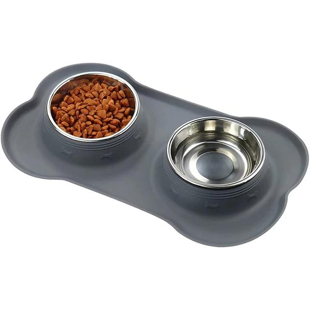 Tigela de cachorro dupla antiderrapante com esteira de silicone, aço inoxidável durável, alimentador de água, pet feeding, tigelas para cães e gatos - Image 1