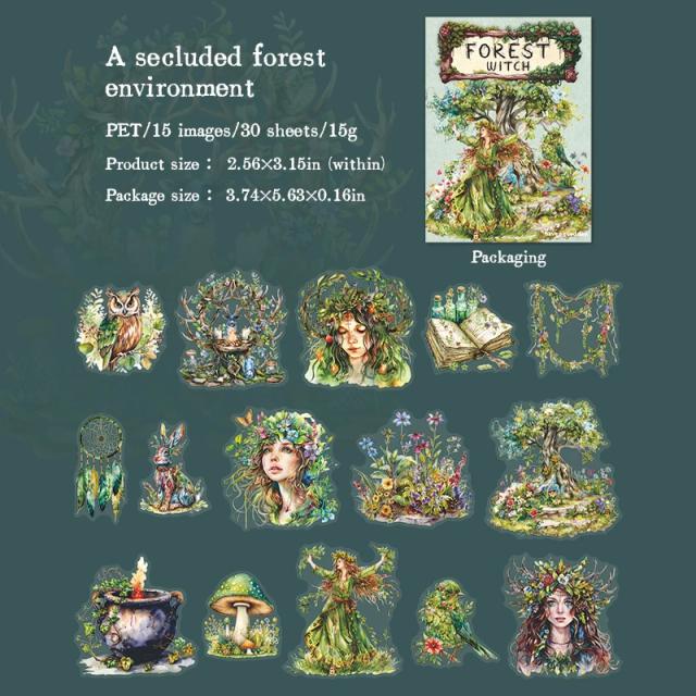 Adesivos Decorativos JIANQI Floresta Bruxa - 30 Peças em Material PET para Junk Journal, Diário e Scrapbooking