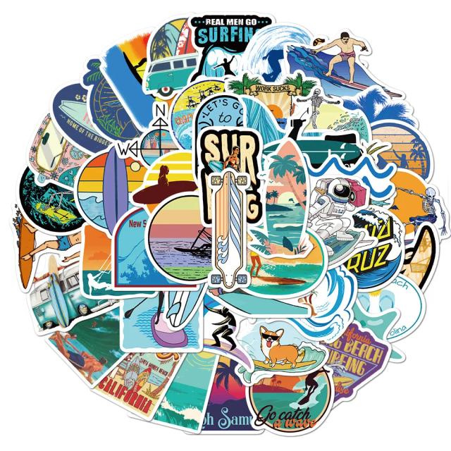 Adesivos de Verão Surf 10/30/50 Peças - Decalques PVC à Prova d'Água para Personalização