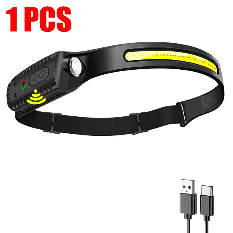 Usb recarregável led sensor farol xpe + cob farol led cabeça tocha acampamento busca luz cabeça lanterna para lanterna de pesca - Image 1