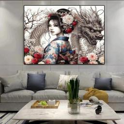 Arte mosaico de quimono japonês para mulheres, Kits de pintura diamantada com strass bordado, decoração de parede DIY, mulher e dragão, novo, completo - Image 3