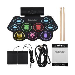 Electronic Hand Roll Drum Set, instrumento de percussão, 9 almofadas, BT, som externo, baquetas, pedal, MIDI Interface Speaker - Image 6