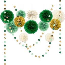 Dark Green Paper Pom Pom Set, ouro e bege festa Decorações Kit para festas elegantes e eventos - Image 1