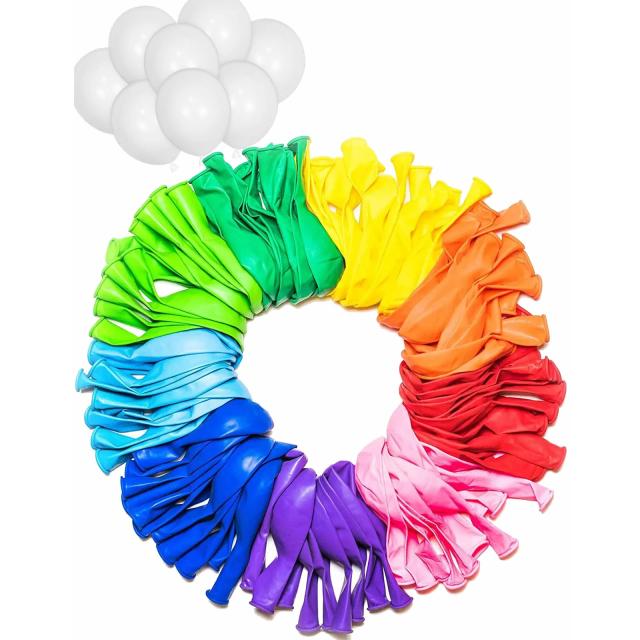 Conjunto de 100 balões de arco-íris de 12 polegadas para decoração de aniversário em cores vibrantes assortidas