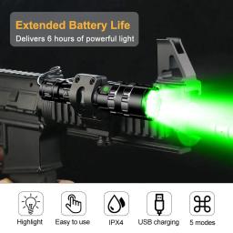 Lanterna LED tática com 5 modos, caça tocha, USB recarregável, Power by 18650 bateria, verde, vermelho, L2, profissional - Image 6