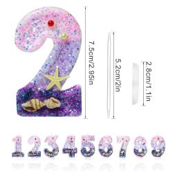 Velas de aniversário do tema sereia com lantejoulas, Velas rosa do aniversário roxo, Número 5 Velas, Topper do bolo, Velas de aniversário - Image 2