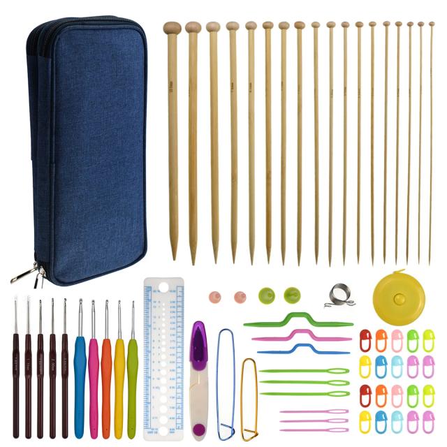 Conjunto Completo de 36 Peças: Agulhas de Tricô de Bambu e Ganchos de Crochê em Vários Tamanhos com Saco para Transporte e Acessórios de Costura