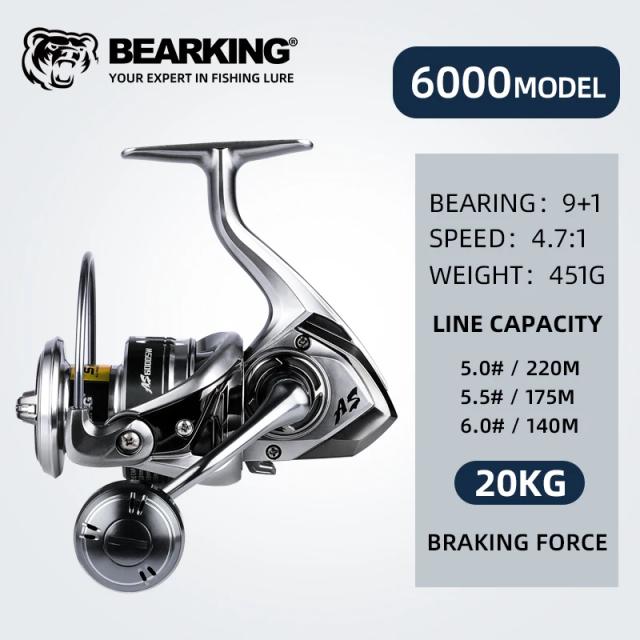 Bearking Carretel de Pesca Fiação Água Salgada 1000-6000 9+1BB 5.2:1 10-20kg Arrastão Impermeável