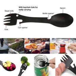 Multi-Funcional EDC kit prático para camping, ferramentas de sobrevivência ao ar livre, garfo, faca, colher, garrafa, abridor de latas, 5 em 1 - Image 3