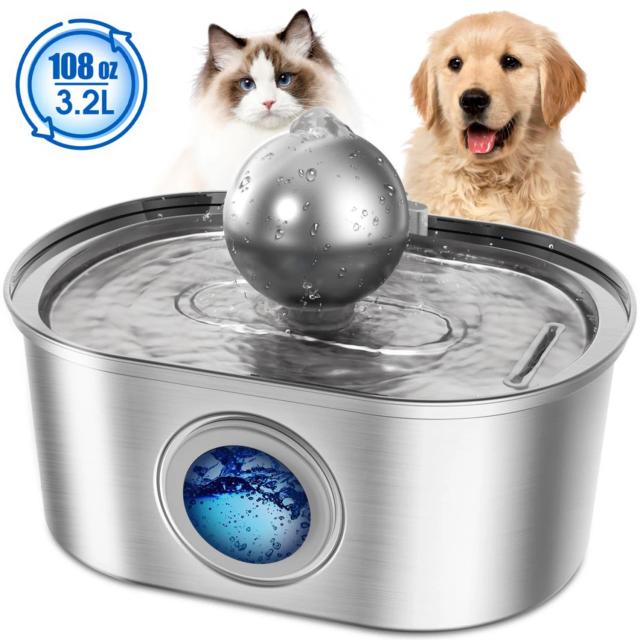 Fonte de Água de Aço Inoxidável para Gatos 3.2L com Janela de Nível de Água para Dogs