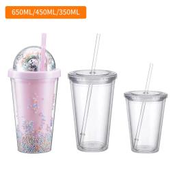 Garrafa de água transparente reutilizável de camada dupla, copo transparente com palha, adequado para café, leite, bricolage, smoothie, bebida, 350ml, 450ml, 650ml - Image 2