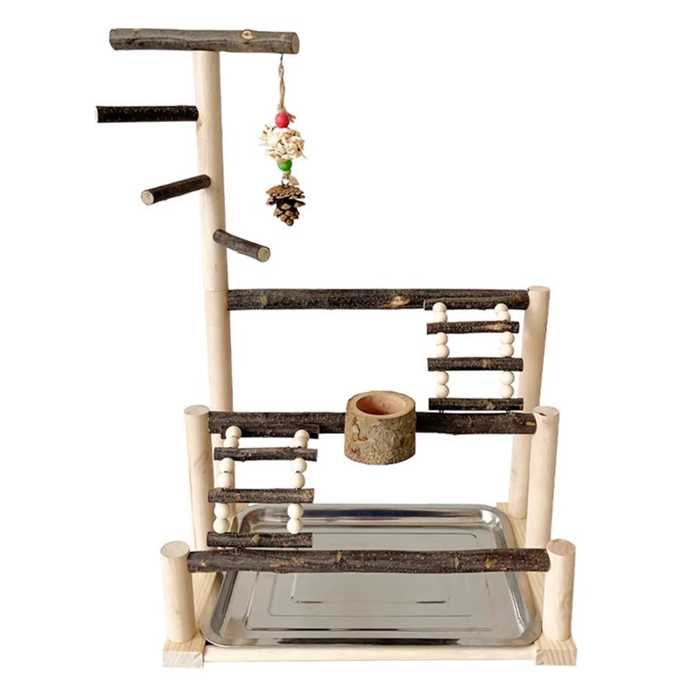 Bird Playground Natural Wood Perch Stand com Bandeja De Aço Inoxidável, Bird Ladder, Alimentando Cup, Bird Supplies, Bird Acessórios - Image 1