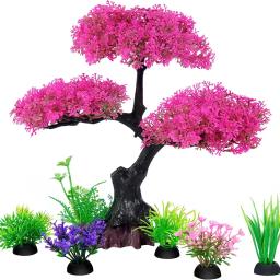 Plantas Plásticas artificiais para a decoração do aquário, suprimentos de decoração do aquário, flor de cerejeira rosa e grama - Image 1
