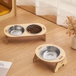 Tigela dupla para gatos, tigela elevada inclinada única/dupla para animais de estimação, tigela de comida de aço inoxidável, suporte de madeira, alimentador de cães, suprimentos para gatos - Image 2