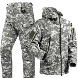 Conjunto de jaqueta impermeável com capuz, casca macia, pele de tubarão, calças de carga à prova de vento, terno multi-bolsos, uniformes, 2 peças - Image 3
