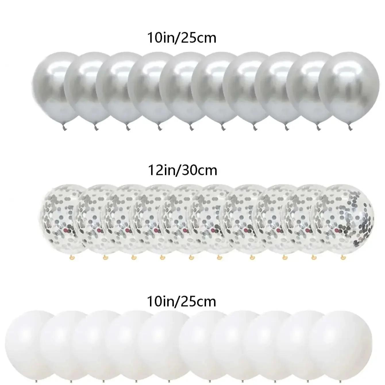 Látex balão conjunto adequado para festas de aniversário e cerimônia de casamento, metal, prata, glitter, prata, branco, 10 ", 30pcs - Image 1