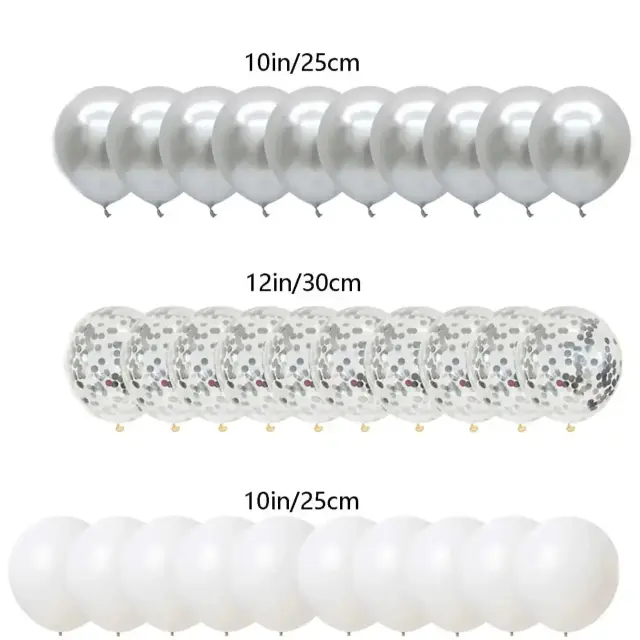 Conjunto de Balões de Látex Metalizados para Aniversários e Casamentos - Prata com Glitter e Branco - 30 Peças de 10"