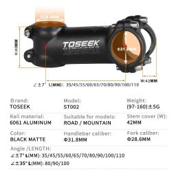 Toseek haste do guiador da bicicleta 60/70/80/90/100mm mtb haste 28.6mm 31.8mm potência negativa mtb mesa de bicicleta de estrada leve - Image 2