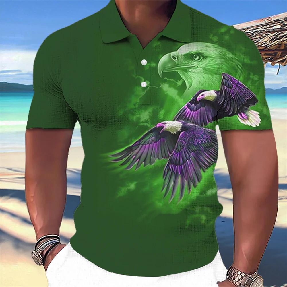 Camisa polo com estampa águia animal masculina, estampa 3D, colarinho de botão, casual, manga curta Tops grandes, roupas de moda masculina, verão - Image 1