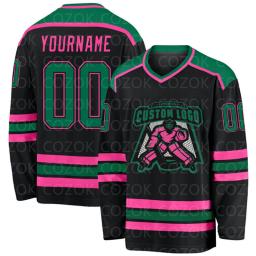 Jersey de hóquei no gelo personalizado para homens e mulheres, camisas de treinamento de competição, 3D imprime seu nome e número, preto e rosa - Image 5