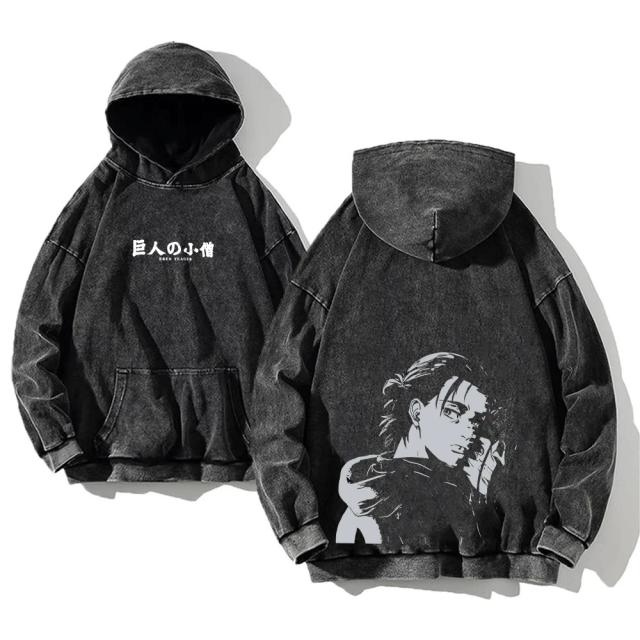 Ataque em Titã Moletom Vintage Lavado Algodão Oversized Unissex Outono Inverno