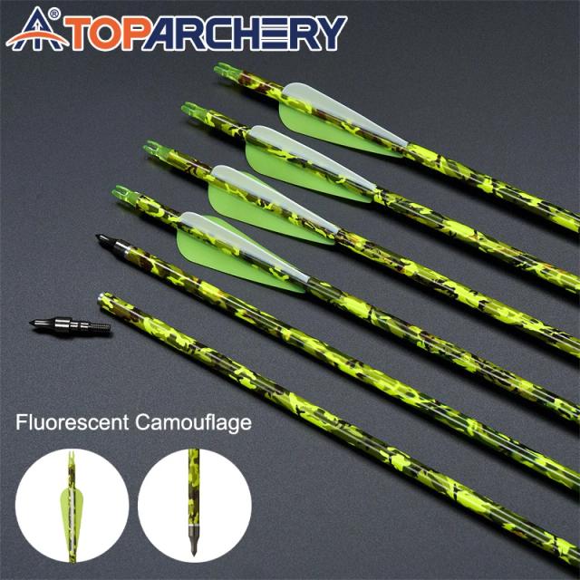 Flecha camuflada fluorescente de 31,5 polegadas, id 6,2 mm, pena de plástico em forma de lágrima, para arco recurvo ao ar livre, flecha de tiro de caça