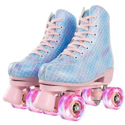 Patins de couro PU para iniciantes, sapatos de patinação, deslizando Inline, Quad Roller Sneakers, treinamento, 4 rodas flash - Image 2
