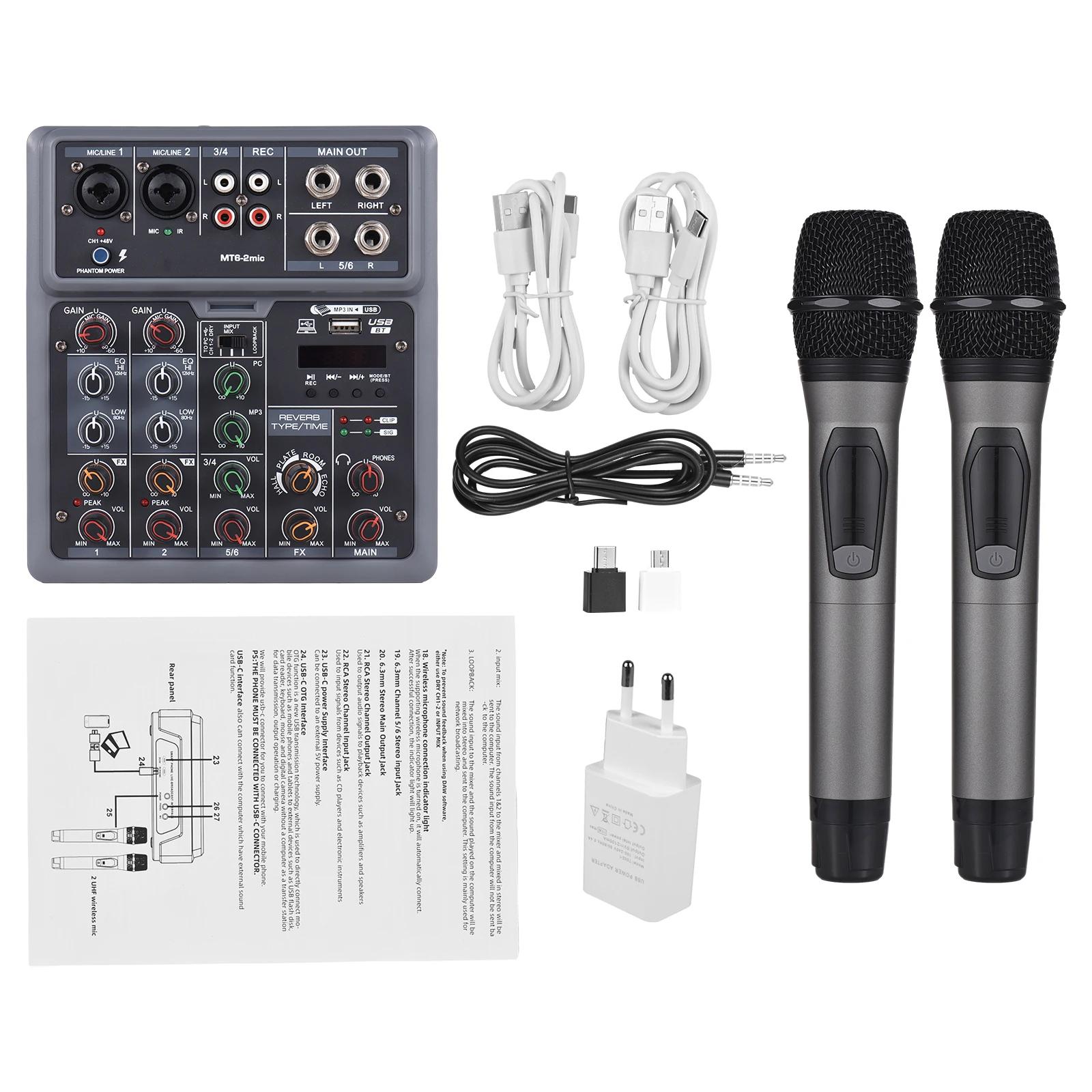 Mixer de áudio com microfone sem fio, 6 canais, misturando console, acessórios eletrônicos para instrumentos musicais, BT Mixer, OTG, 4DSP Scene Effects - Image 1