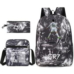 Mochila impressa Cristiano Ronaldo Football Star, conjunto de três peças, estilo fã, CR7 - Image 3
