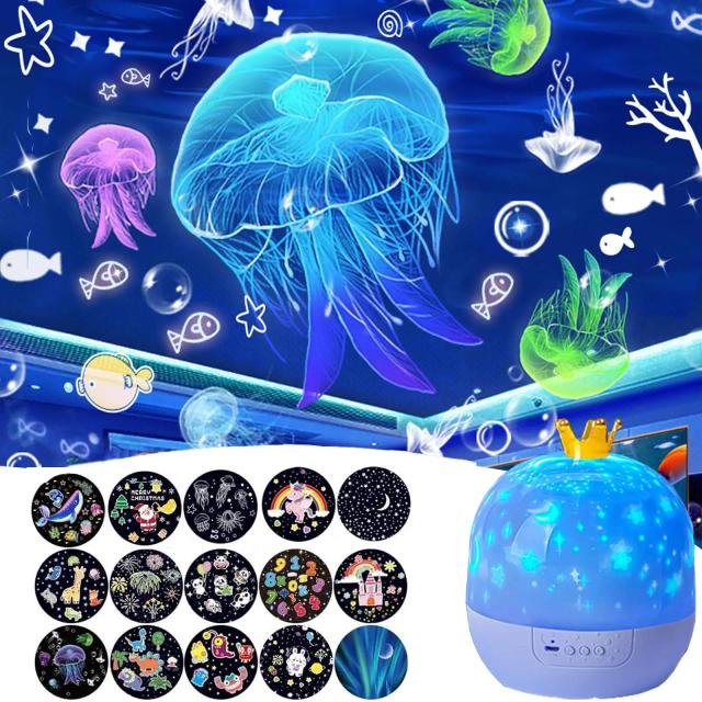 Projetor Criativo Fantasia 360° Rotativo 15 Slides Galáxia Estrelada LED Luz Noturna