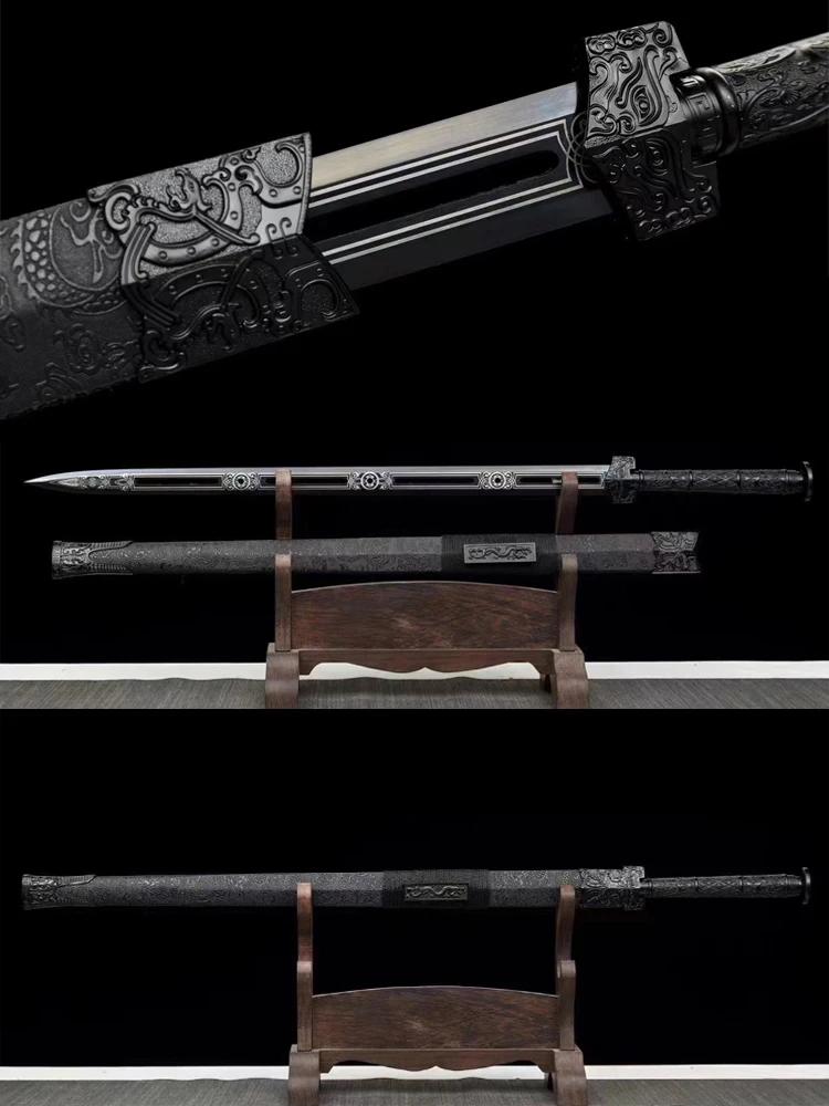 Espadas han pretas kongfu chinesas, lâmina de aço de alto manganês, artesanal real, cabo de metal afiado, arma de treinamento katanas - Image 1