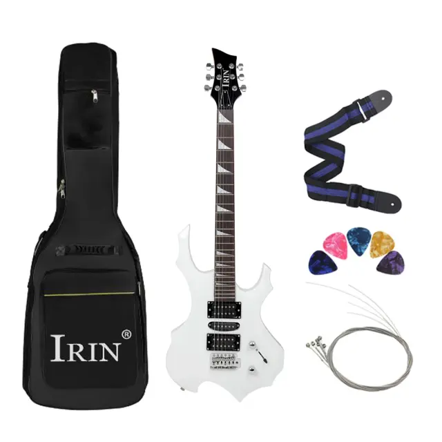Guitarra Elétrica Branca com Saco e Acessórios, 6 Cordas, 24 Trastes em Bordo com Design de Chama Preta e Estilo Fresco