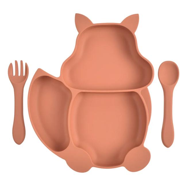 Conjunto de Utensílios de Silicone para Bebês: Babador Dividido, Prato com Suporte e Colher/Fork para Alimentação Infantil - 3 Peças
