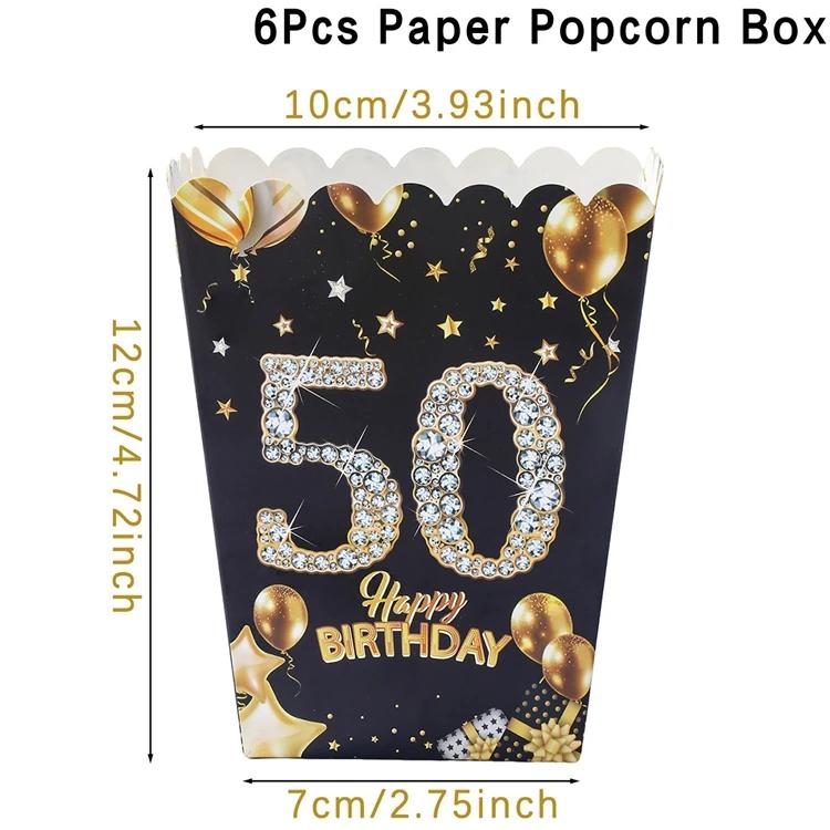 Caixa de Pipocas de Papel de Aniversário, Preto e Dourado, Suprimentos para Adultos, 18 21 30 40 50 60 Anos, 6 peças - Image 1