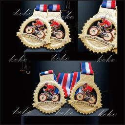 Medalhas tridimensionais bicicleta ouro jogos competições festa favores com pescoço fita prêmio em massa presente personalizado - Image 6