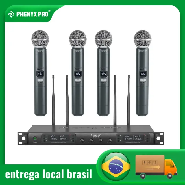 Sistema de Microfone Sem Fio UHF Quad Channel PTU-7000 Phenyx Pro para Igrejas, DJs e Cantores de Karaokê