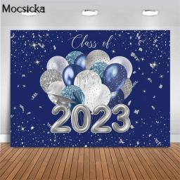 Mocsicka azul real 2023 formatura pano de fundo prata glitter balão parabéns grad festa decoração classe de 2023 gradados fundo - Image 1