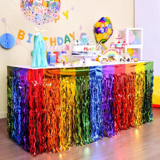Saias de Mesa de Franja Metálica Ondulada para Decoração de Aniversário e Casamento com Temática de Arco-íris e Unicórnio