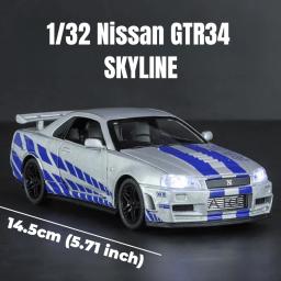 Carro de brinquedo Nissan GTR34 Skyline GTR para crianças, Diecast Racing, modelo em miniatura, som e luz, coleção Pull Back, presente para menino, 1:32 - Image 2