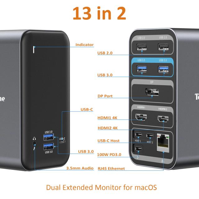 Tobenone Docking Station USB Hub Tipo C com HDMI 4K 60Hz, Adaptador DisplayPort e Rede USB 3.0 para MacBook Pro e Thunderbolt 3