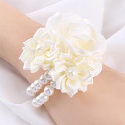 Marfim creme seda flor pulseira para menina, dama de honra casamento pulso corsage, casamento festa proom, mão flor pérola pulseira - Image 2