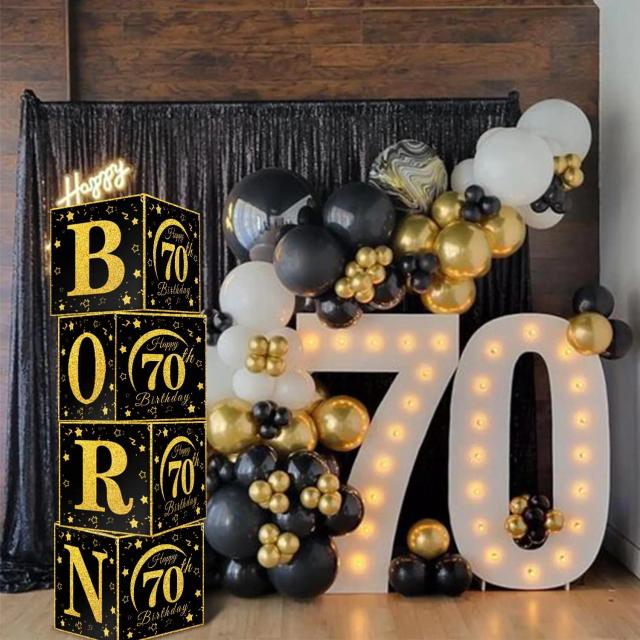 Caixas de Presente Preto e Dourado para Aniversário e Graduação - Conjunto de 4 Peças Temáticas para Celebrar 70 Anos de Vida