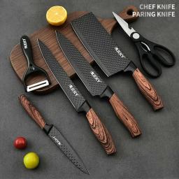 Conjunto de facas de cozinha em aço inoxidável Faca de chef forjada Tesoura Descascador de cerâmica Escultura Paring Knife Ferramentas Cleaver Case de presente - Image 1
