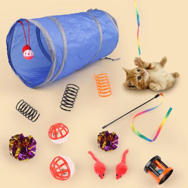Conjunto Completo de Brinquedos para Gatos com Túnel Dobrável, Varas, Rato Recheado, Brinquedos de Primavera e Sinos - 19 Peças Divertidas
