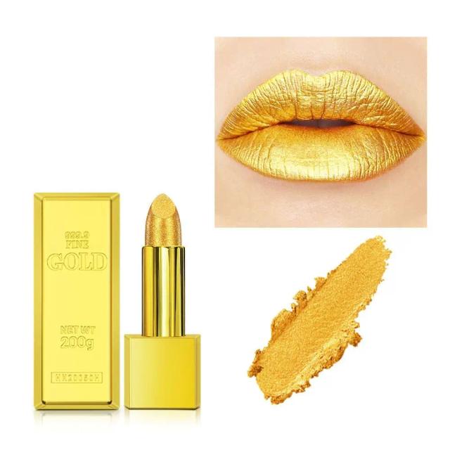 Batom Metálico Fosco à Prova d'Água com Glitter Dourado e Pigmentos Nudes - Brilho Labial Duradouro e Confortável