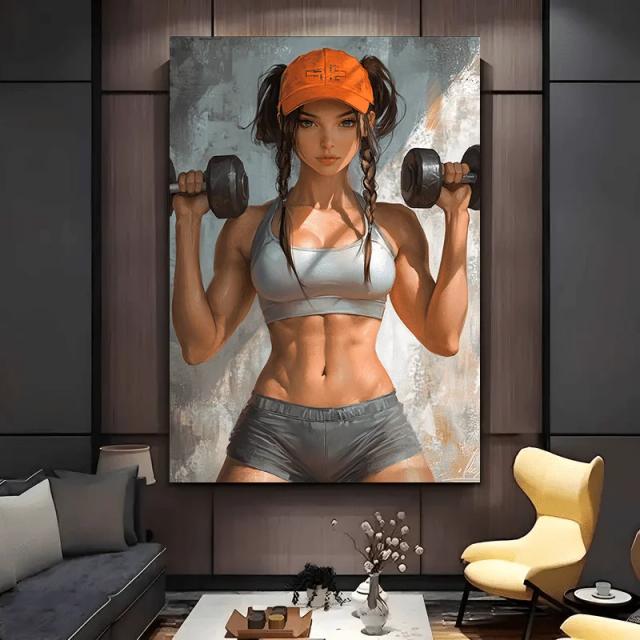 Arte em Tela Mulher com Halteres Sem Moldura Decorativa 50x70cm