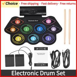 Rolo de mão bateria eletrônica, 9 almofadas, alto-falante estéreo embutido, baquetas pedal, presente de aniversário, prática pad kit - Image 1