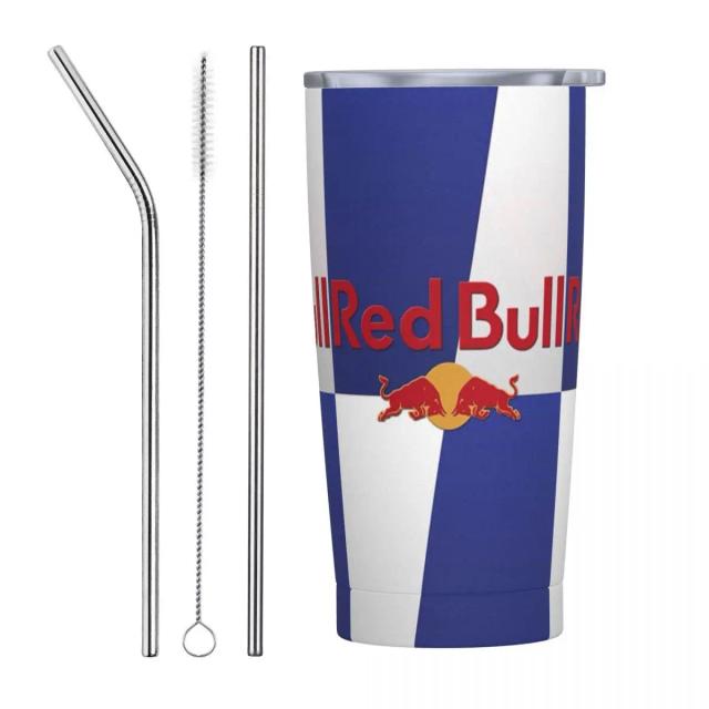 Caneca Térmica em Aço Inoxidável Rc Bull com Palhas e Tampa na Cor Batalha Azul - Ideal para Bebidas Quentes e Frias em Viagens