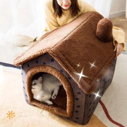 Gato bedsleep casa quente caverna dogkennel & almofada removível macio interior fechado tenda cabanas sofá para gatos de estimação kittensuppy - Image 5