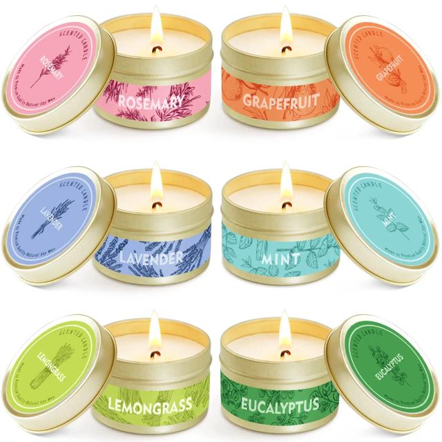 Velas Aromáticas Sem Fumaça em Estanho de Viagem, Cera de Soja Natural, Ideais para Casamento, Caixa de Presente com 6 Unidades